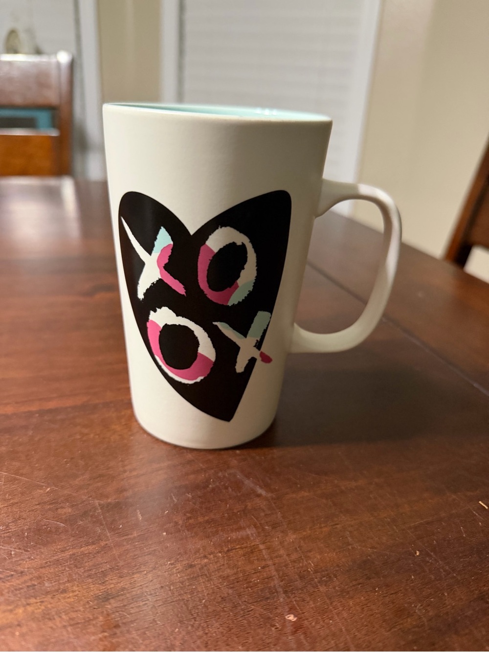 Starbucks White Mug with Black Heart and Pink & Aqua XO Accents